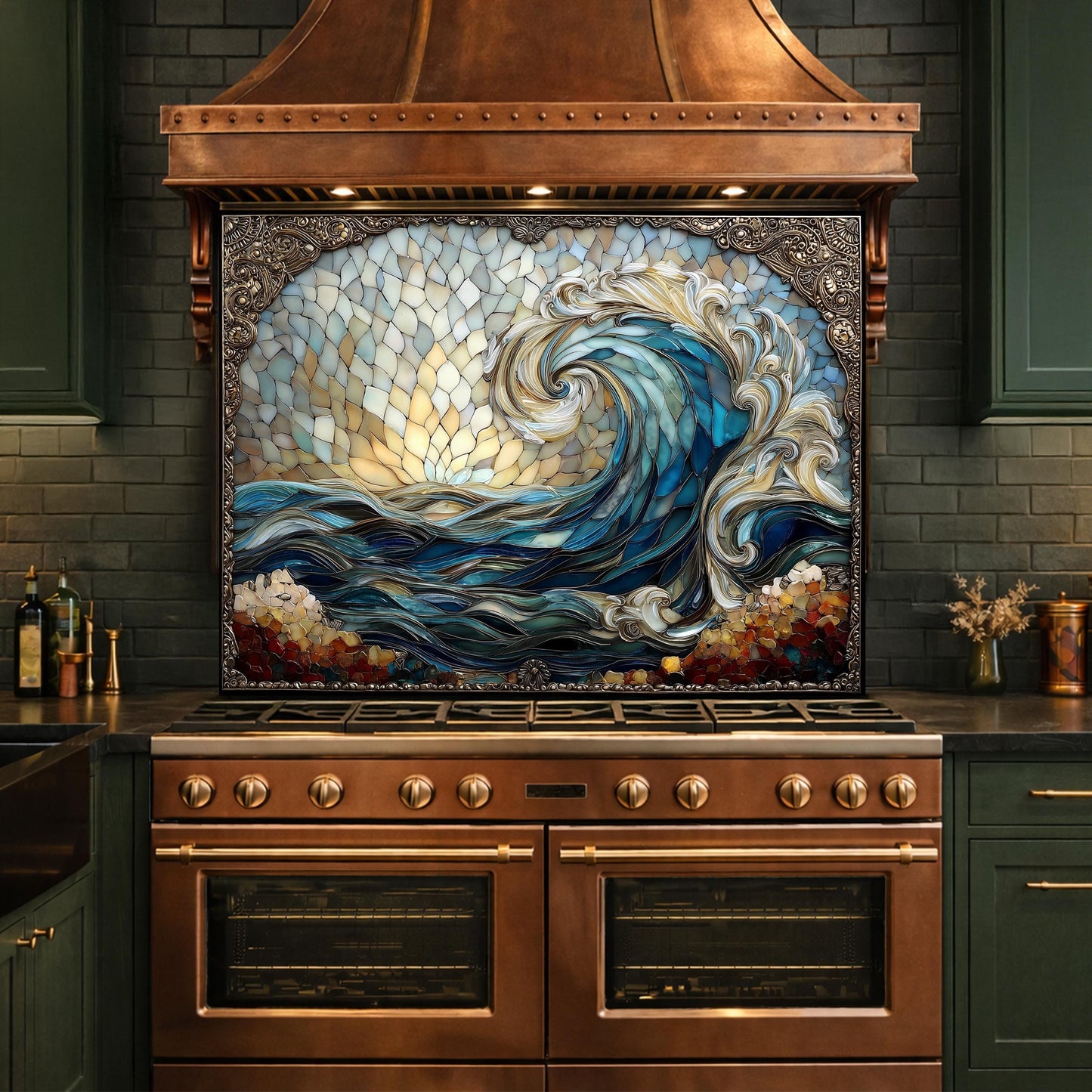 Ocean Wave Tempered Glass Kitchen Backsplash, Coastal Sunset Mosaic Stove Guard Wall Decor