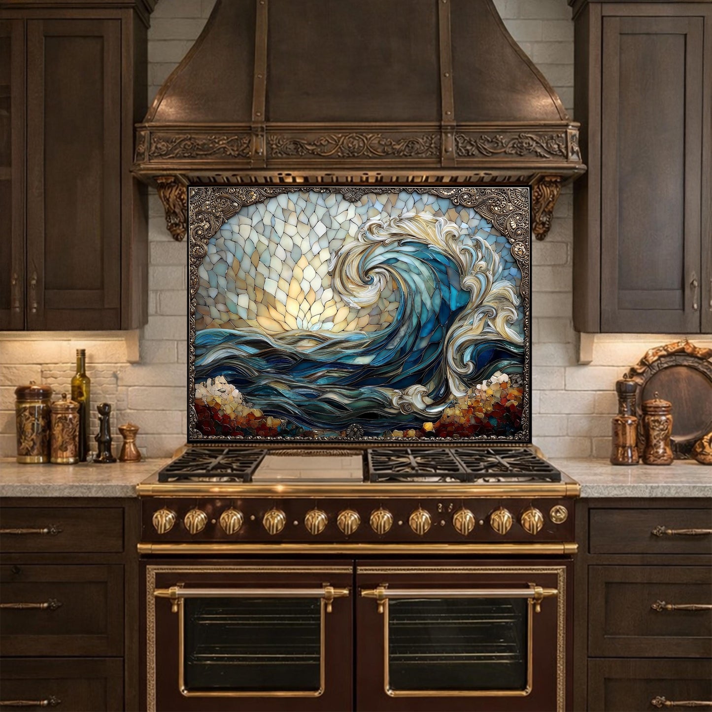 Ocean Wave Tempered Glass Kitchen Backsplash, Coastal Sunset Mosaic Stove Guard Wall Decor