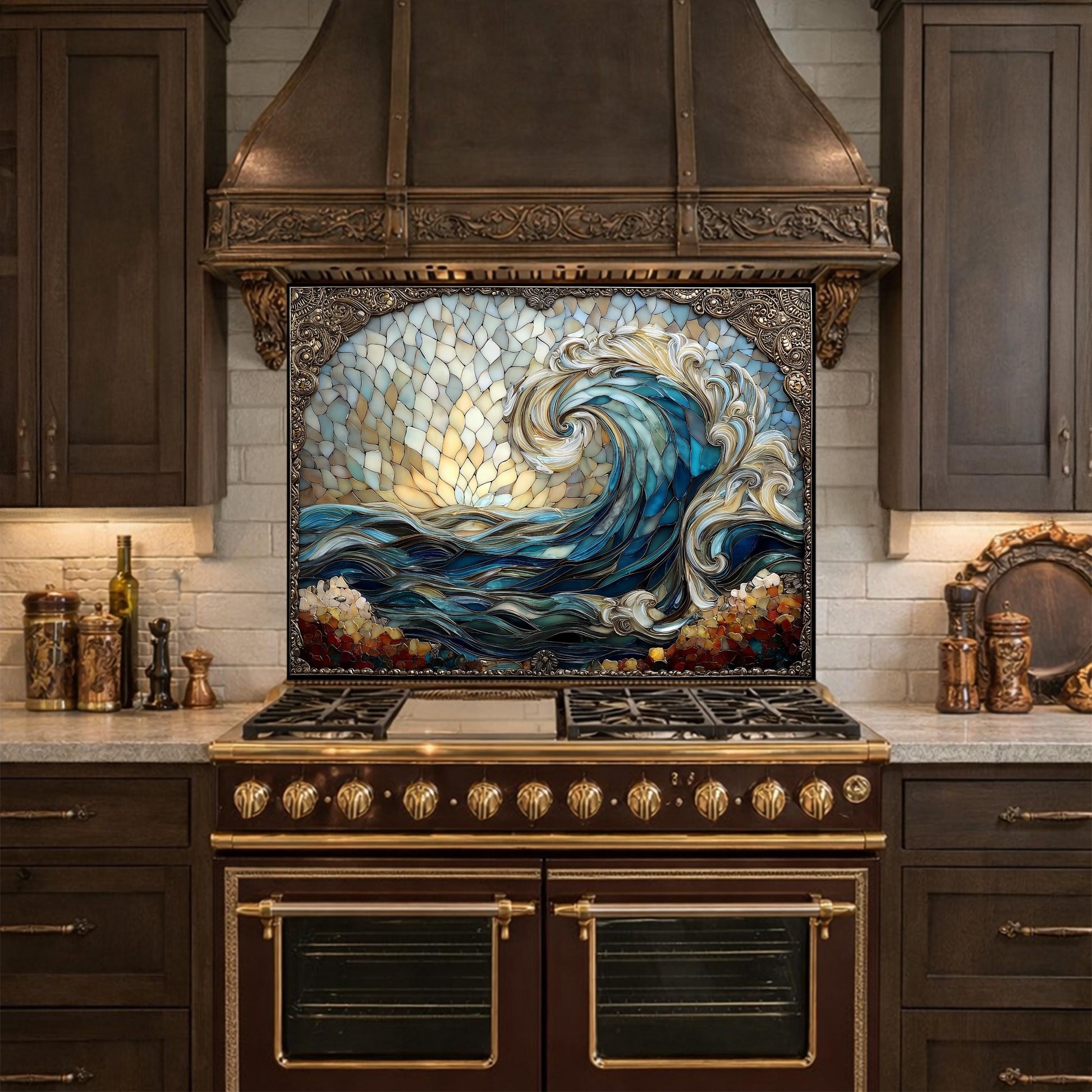 Ocean Wave Tempered Glass Kitchen Backsplash, Coastal Sunset Mosaic Stove Guard Wall Decor