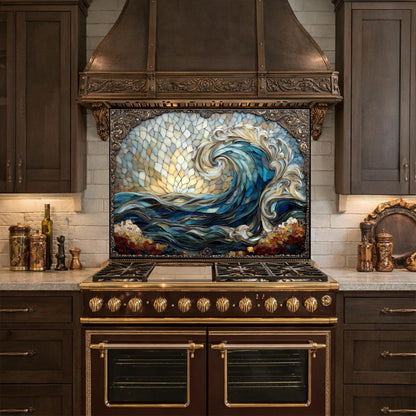 Ocean Wave Tempered Glass Kitchen Backsplash, Coastal Sunset Mosaic Stove Guard Wall Decor
