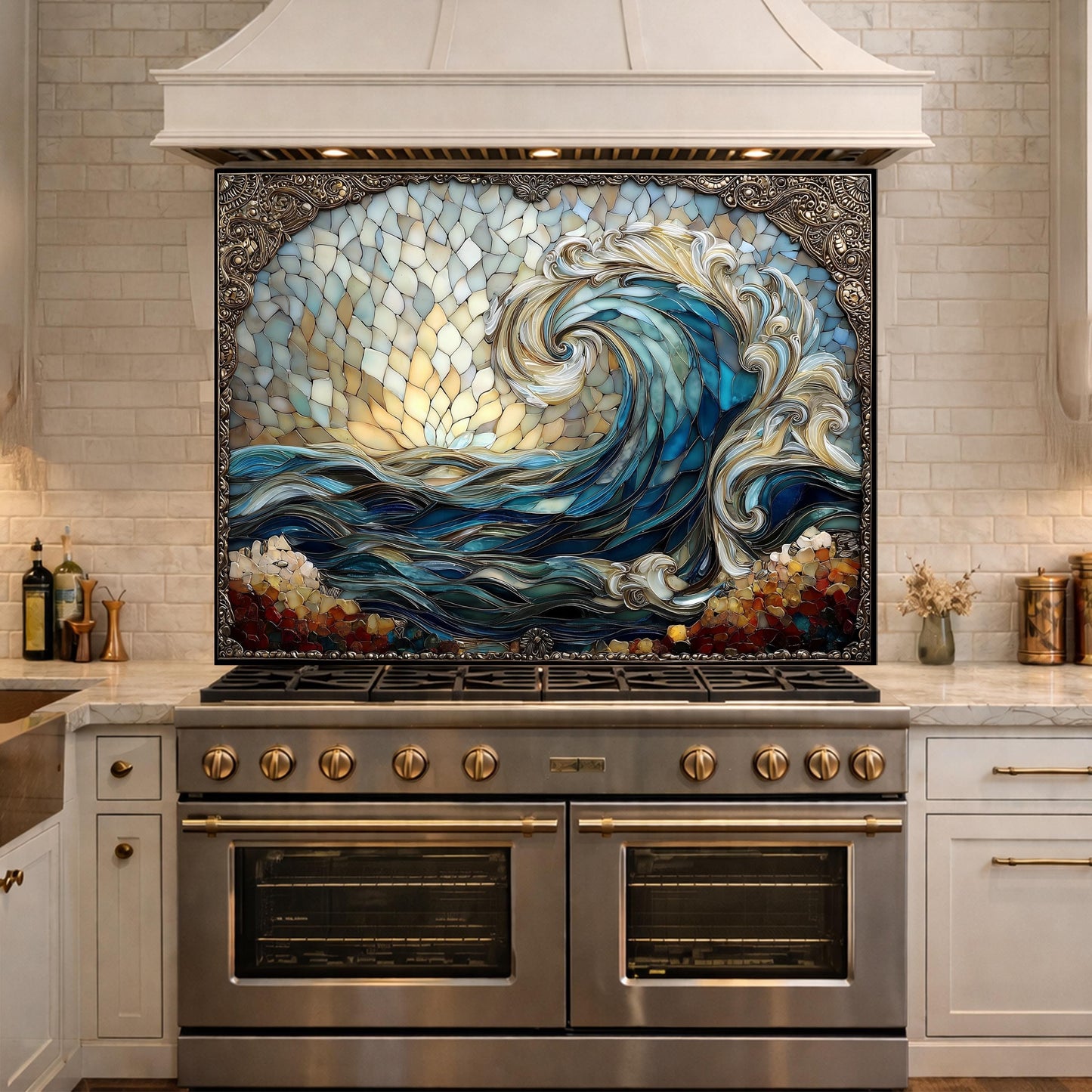 Ocean Wave Tempered Glass Kitchen Backsplash, Coastal Sunset Mosaic Stove Guard Wall Decor