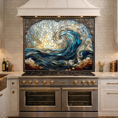 Ocean Wave Tempered Glass Kitchen Backsplash, Coastal Sunset Mosaic Stove Guard Wall Decor