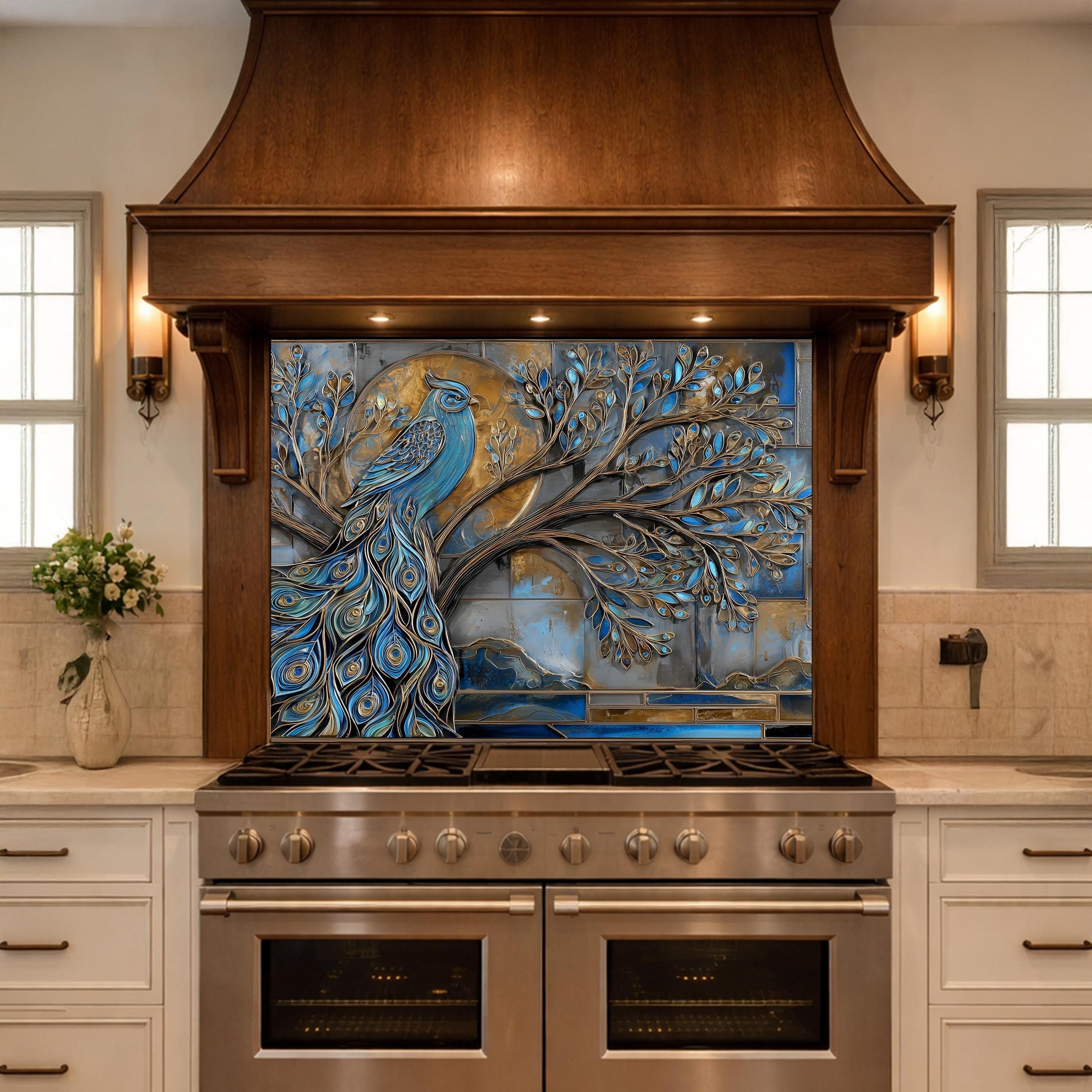Tempered Glass Peacock Kitchen Backsplash Panel, Blue Gold Mosaic Art Stove Guard