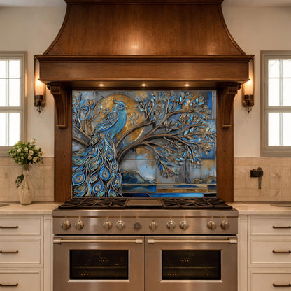 Tempered Glass Peacock Kitchen Backsplash Panel, Blue Gold Mosaic Art Stove Guard