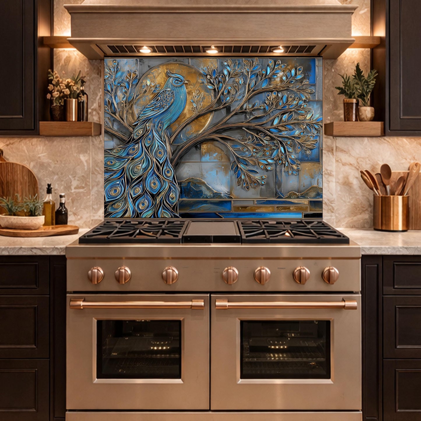 Tempered Glass Peacock Kitchen Backsplash Panel, Blue Gold Mosaic Art Stove Guard
