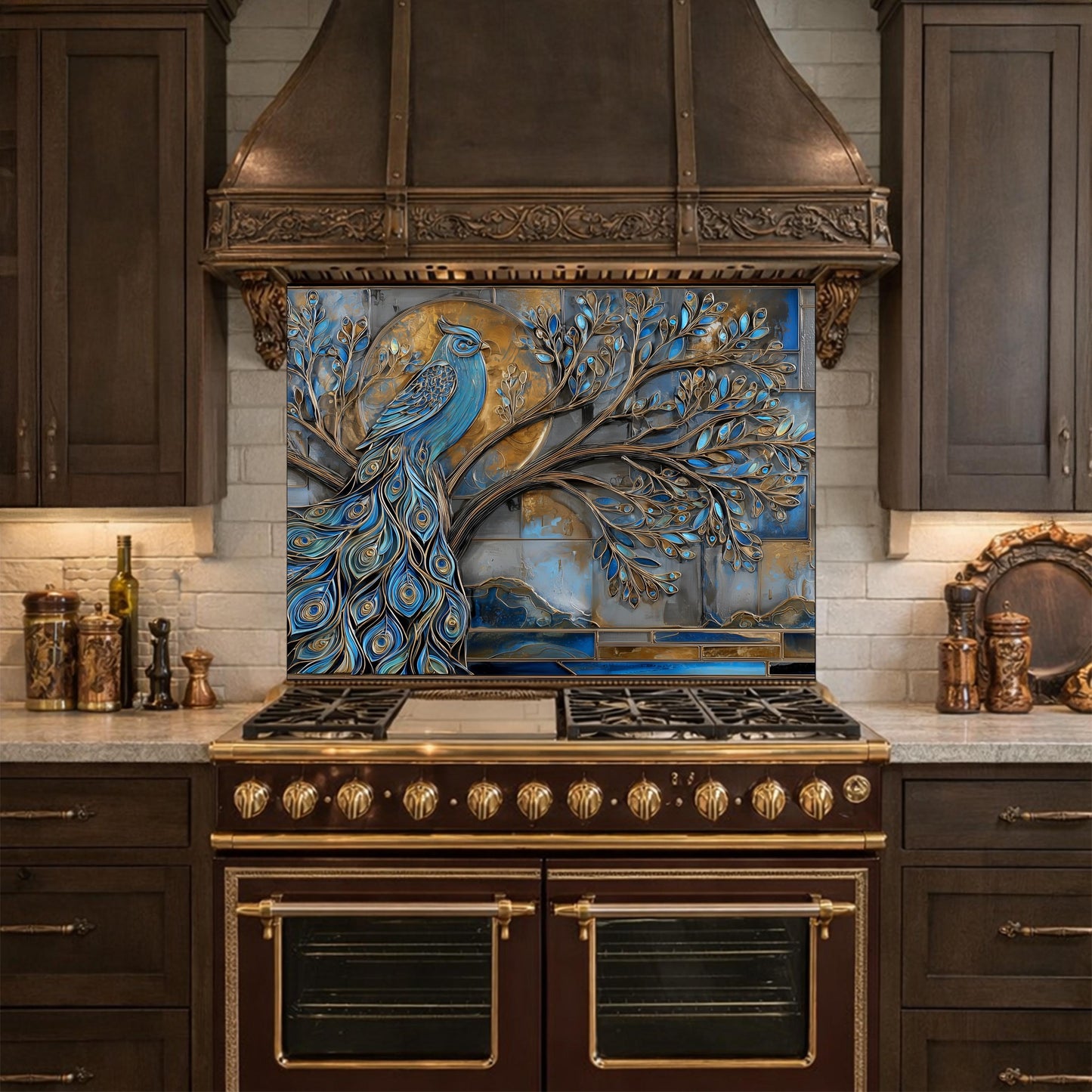 Tempered Glass Peacock Kitchen Backsplash Panel, Blue Gold Mosaic Art Stove Guard