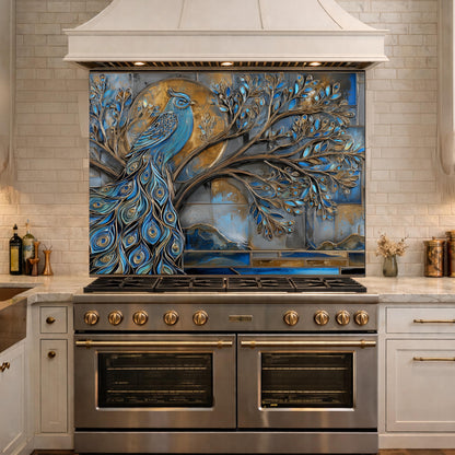 Tempered Glass Peacock Kitchen Backsplash Panel, Blue Gold Mosaic Art Stove Guard