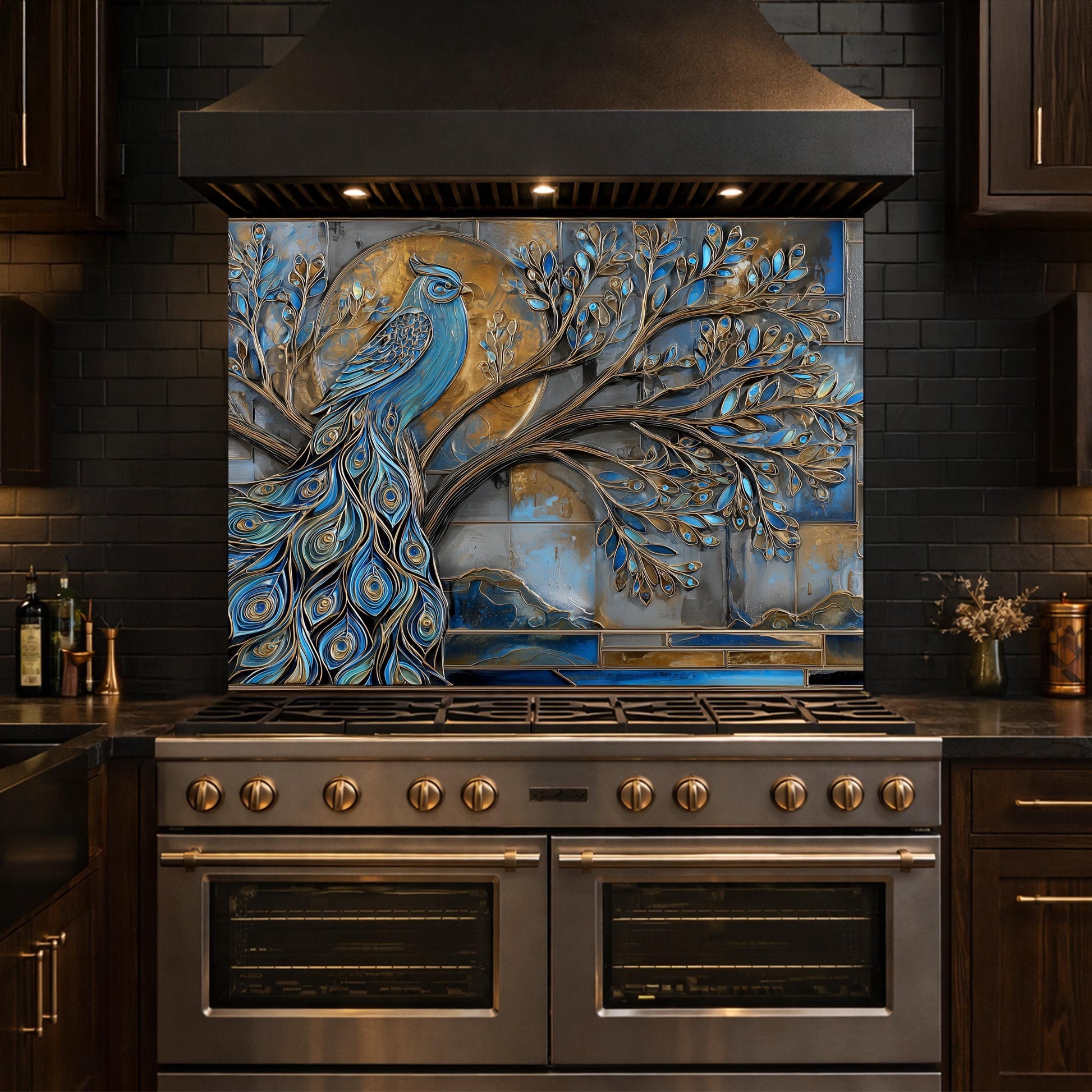 Tempered Glass Peacock Kitchen Backsplash Panel, Blue Gold Mosaic Art Stove Guard