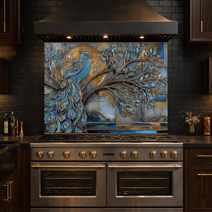 Tempered Glass Peacock Kitchen Backsplash Panel, Blue Gold Mosaic Art Stove Guard