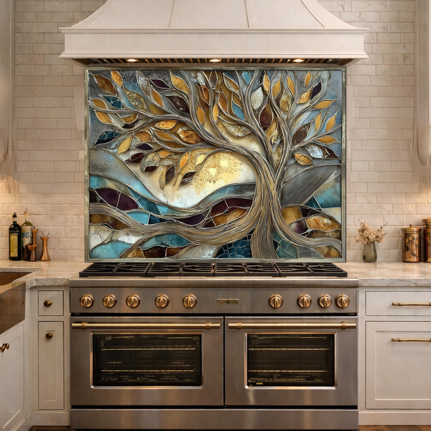 Tree of Life Tempered Glass Kitchen Backsplash, Gold Blue Mosaic Stove Guard