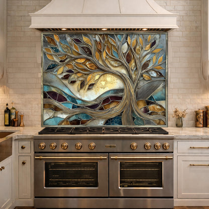 Tree of Life Tempered Glass Kitchen Backsplash, Gold Blue Mosaic Stove Guard