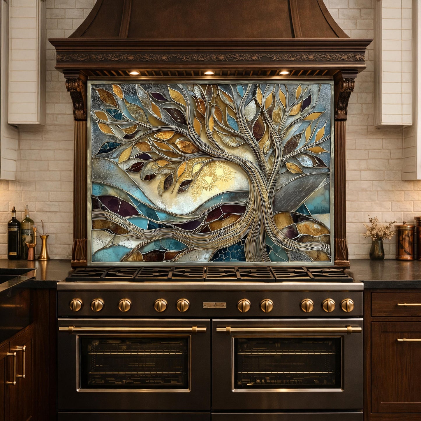 Tree of Life Tempered Glass Kitchen Backsplash, Gold Blue Mosaic Stove Guard