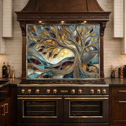 Tree of Life Tempered Glass Kitchen Backsplash, Gold Blue Mosaic Stove Guard