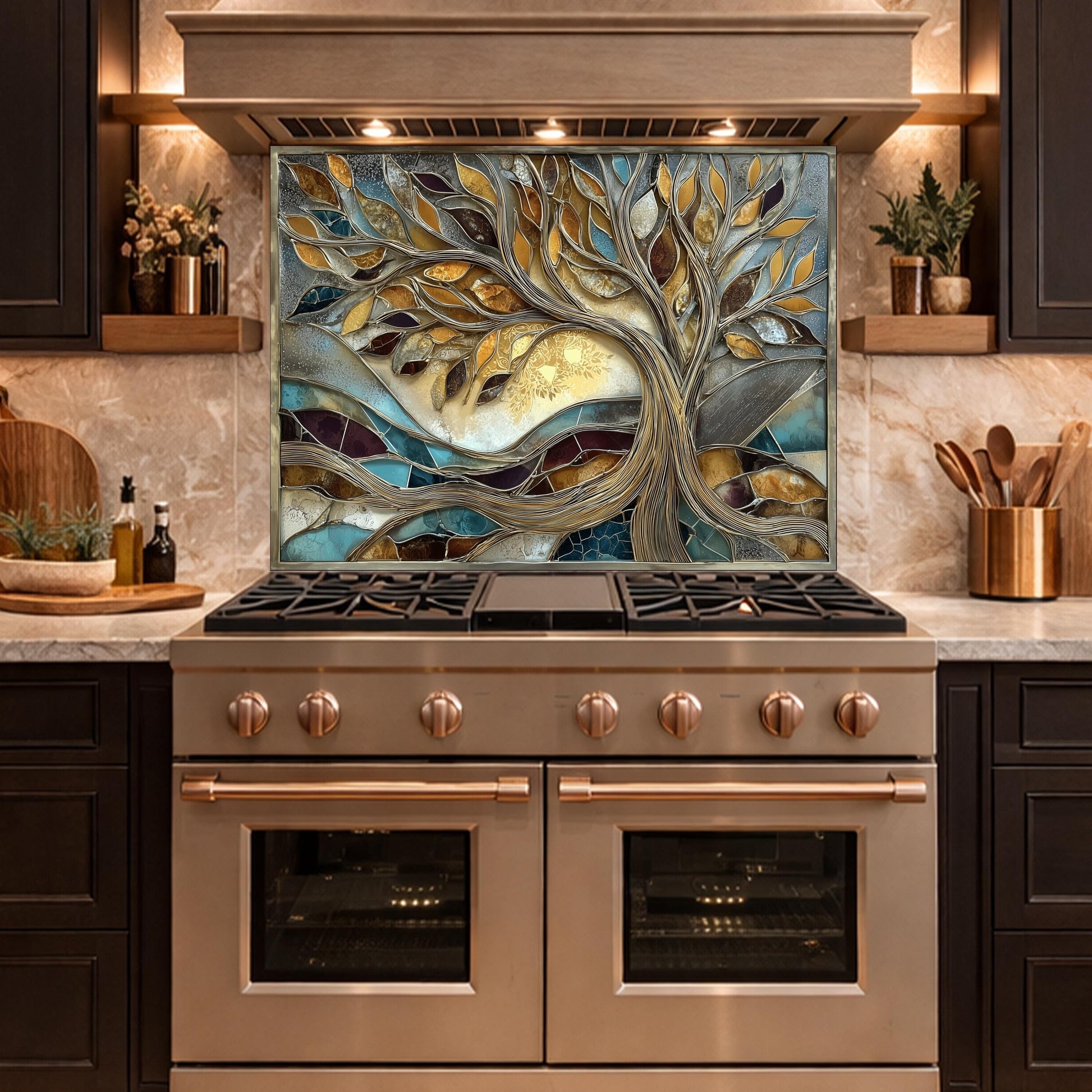 Tree of Life Tempered Glass Kitchen Backsplash, Gold Blue Mosaic Stove Guard