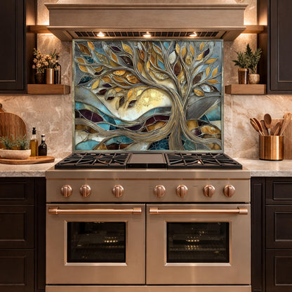 Tree of Life Tempered Glass Kitchen Backsplash, Gold Blue Mosaic Stove Guard