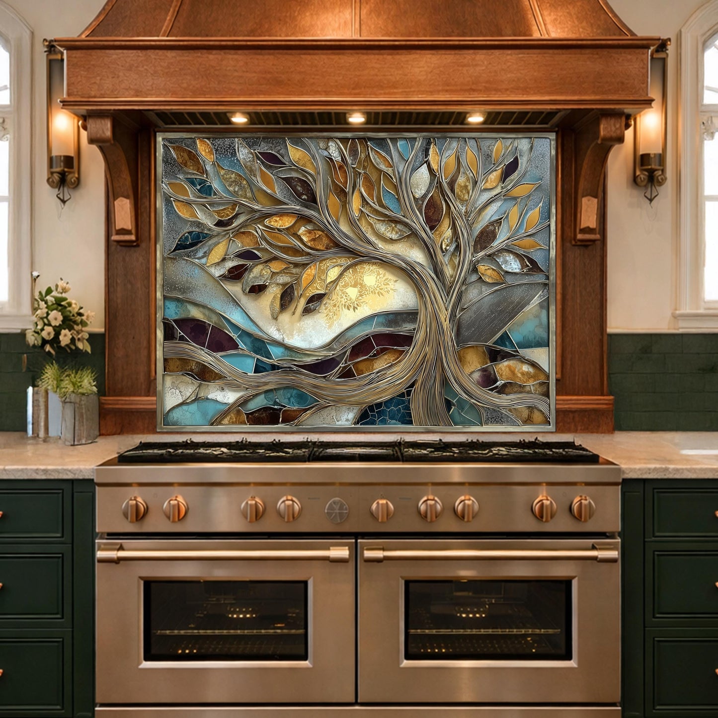 Tree of Life Tempered Glass Kitchen Backsplash, Gold Blue Mosaic Stove Guard