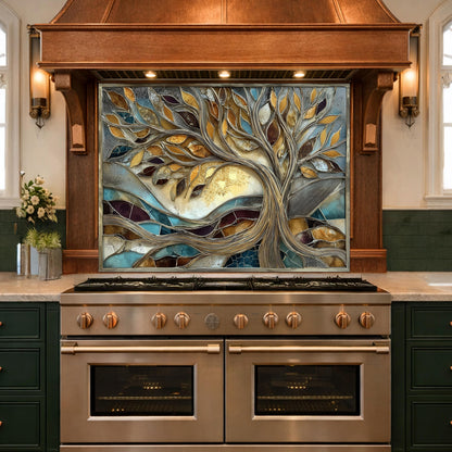 Tree of Life Tempered Glass Kitchen Backsplash, Gold Blue Mosaic Stove Guard