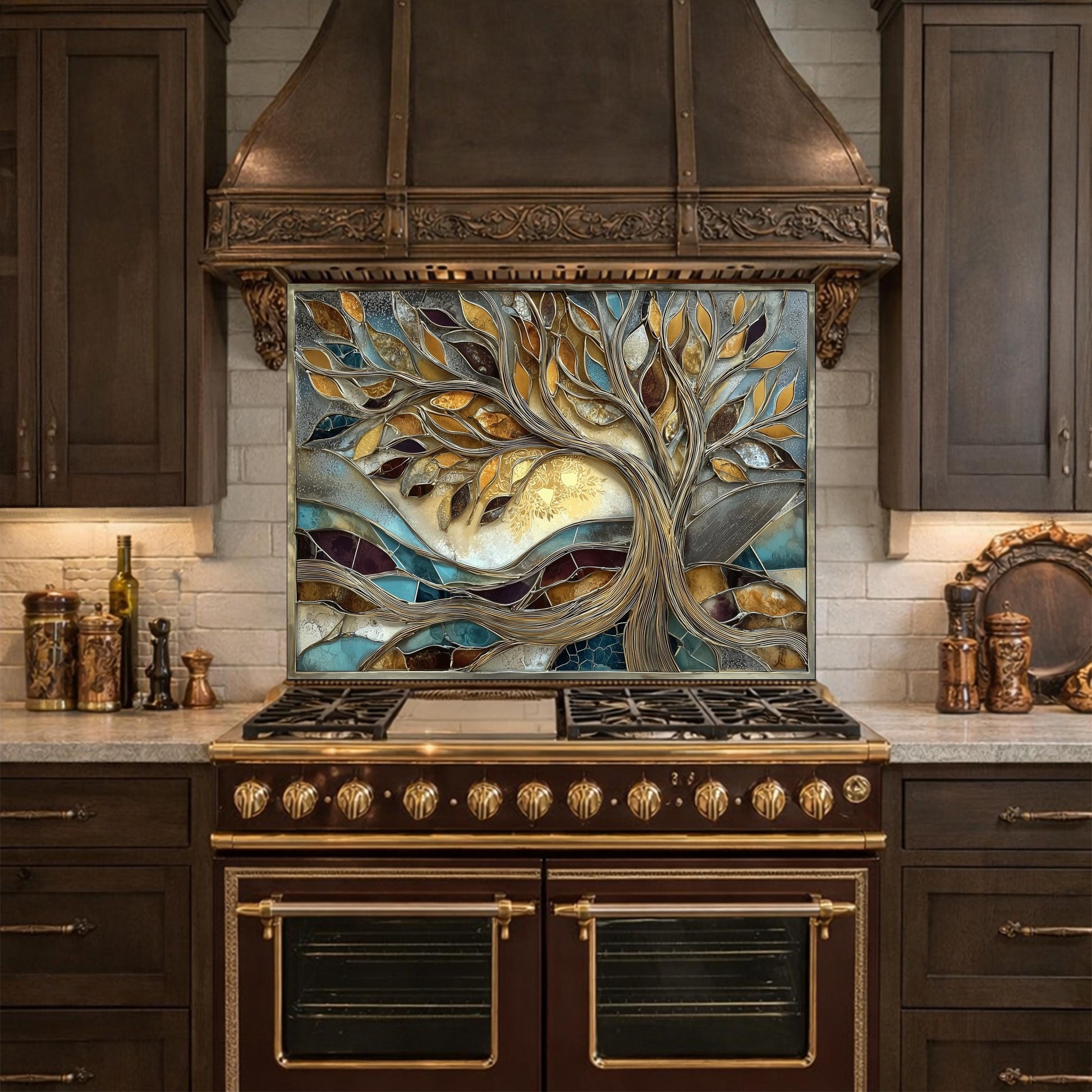 Tree of Life Tempered Glass Kitchen Backsplash, Gold Blue Mosaic Stove Guard