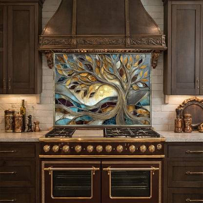 Tree of Life Tempered Glass Kitchen Backsplash, Gold Blue Mosaic Stove Guard
