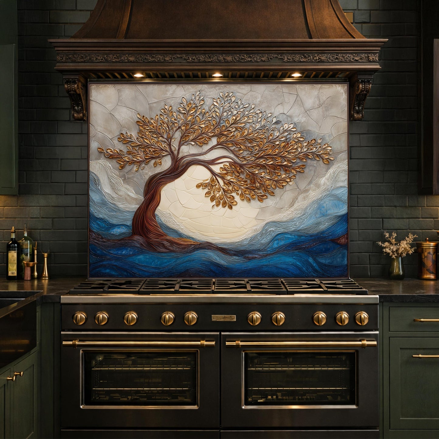 Tempered Glass Kitchen Backsplash, Golden Tree Mosaic Stove Guard, Blue Waves Wall Art