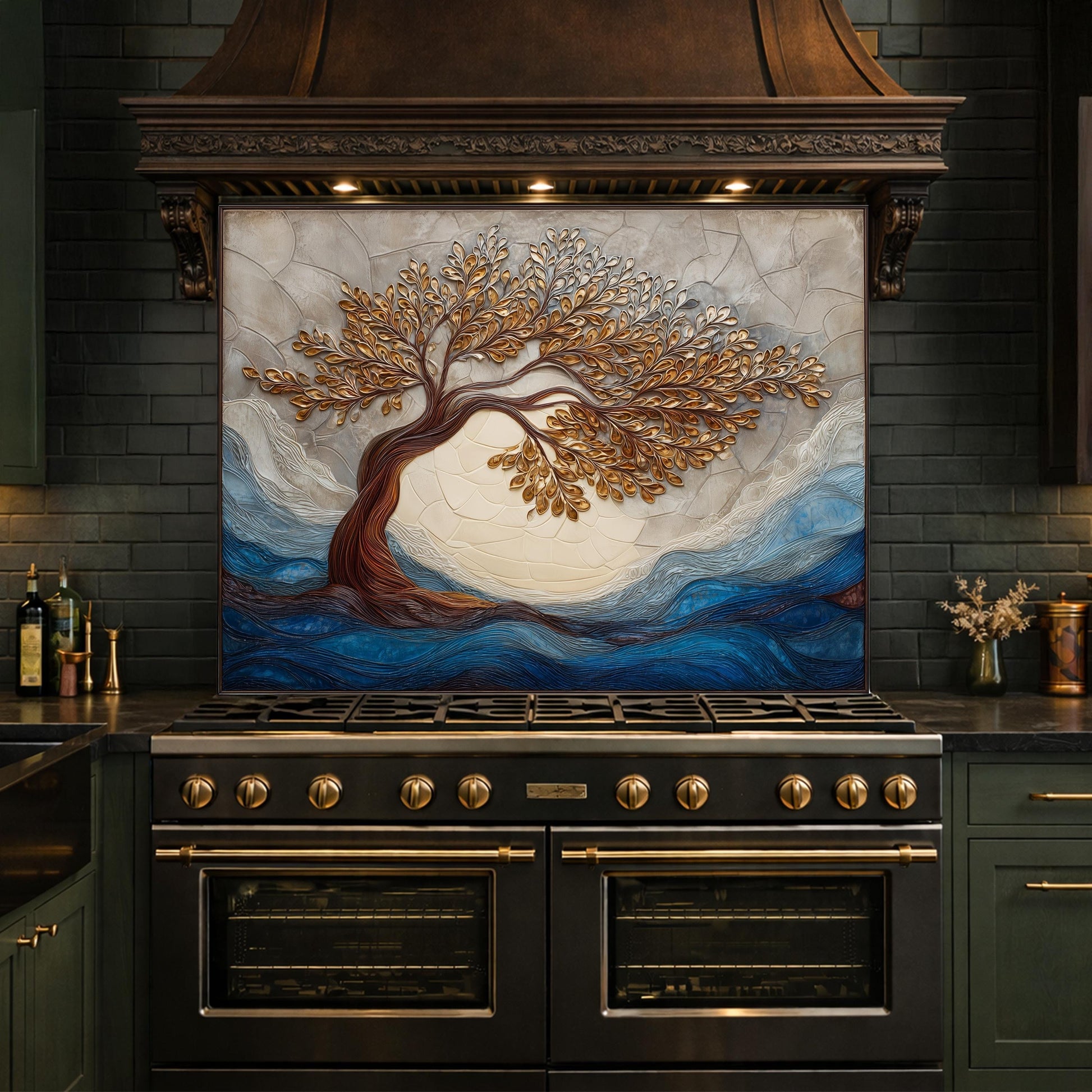 Tempered Glass Kitchen Backsplash, Golden Tree Mosaic Stove Guard, Blue Waves Wall Art