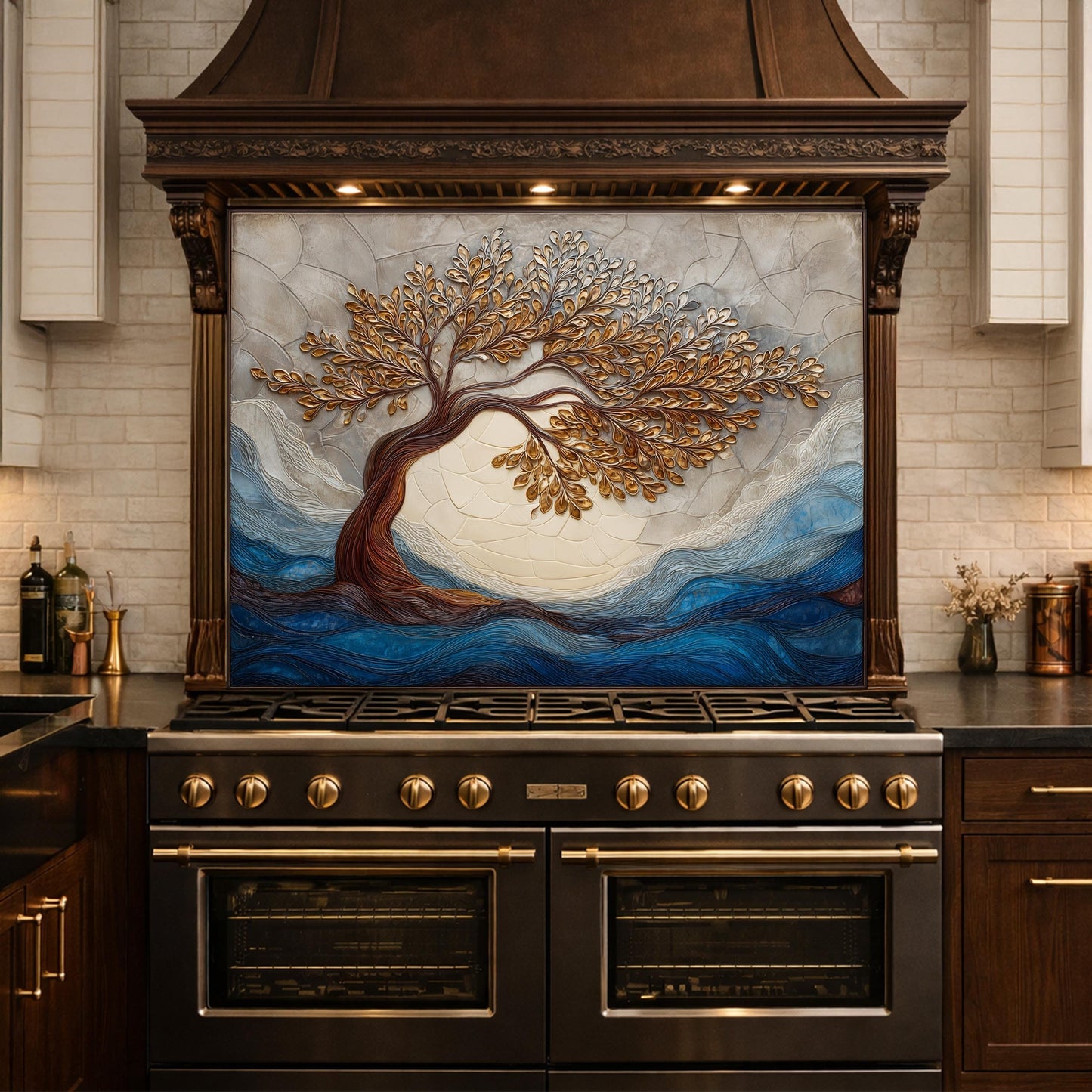 Tempered Glass Kitchen Backsplash, Golden Tree Mosaic Stove Guard, Blue Waves Wall Art