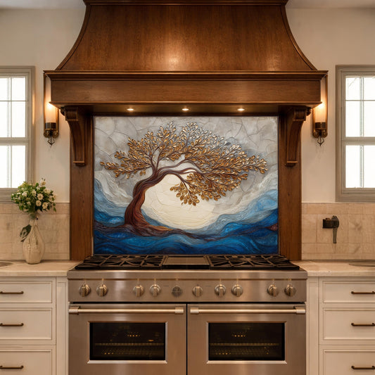 Tempered Glass Kitchen Backsplash, Golden Tree Mosaic Stove Guard, Blue Waves Wall Art