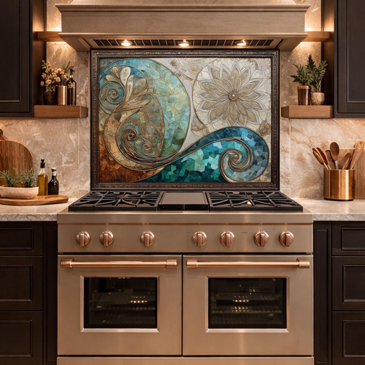 Abstract Floral Glass Kitchen Backsplash Panel, Blue Gold Mosaic Art, Tempered Glass Stove Guard