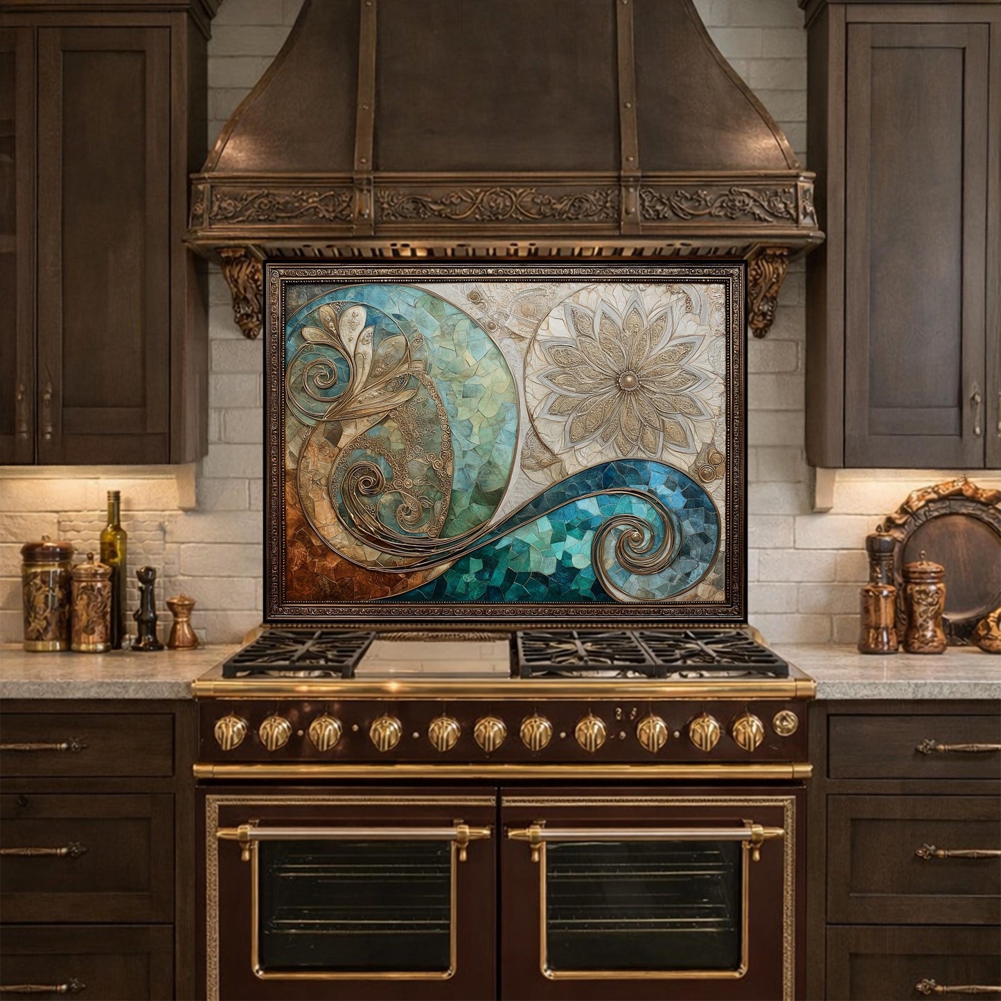 Abstract Floral Glass Kitchen Backsplash Panel, Blue Gold Mosaic Art, Tempered Glass Stove Guard