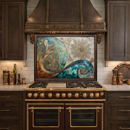 Abstract Floral Glass Kitchen Backsplash Panel, Blue Gold Mosaic Art, Tempered Glass Stove Guard