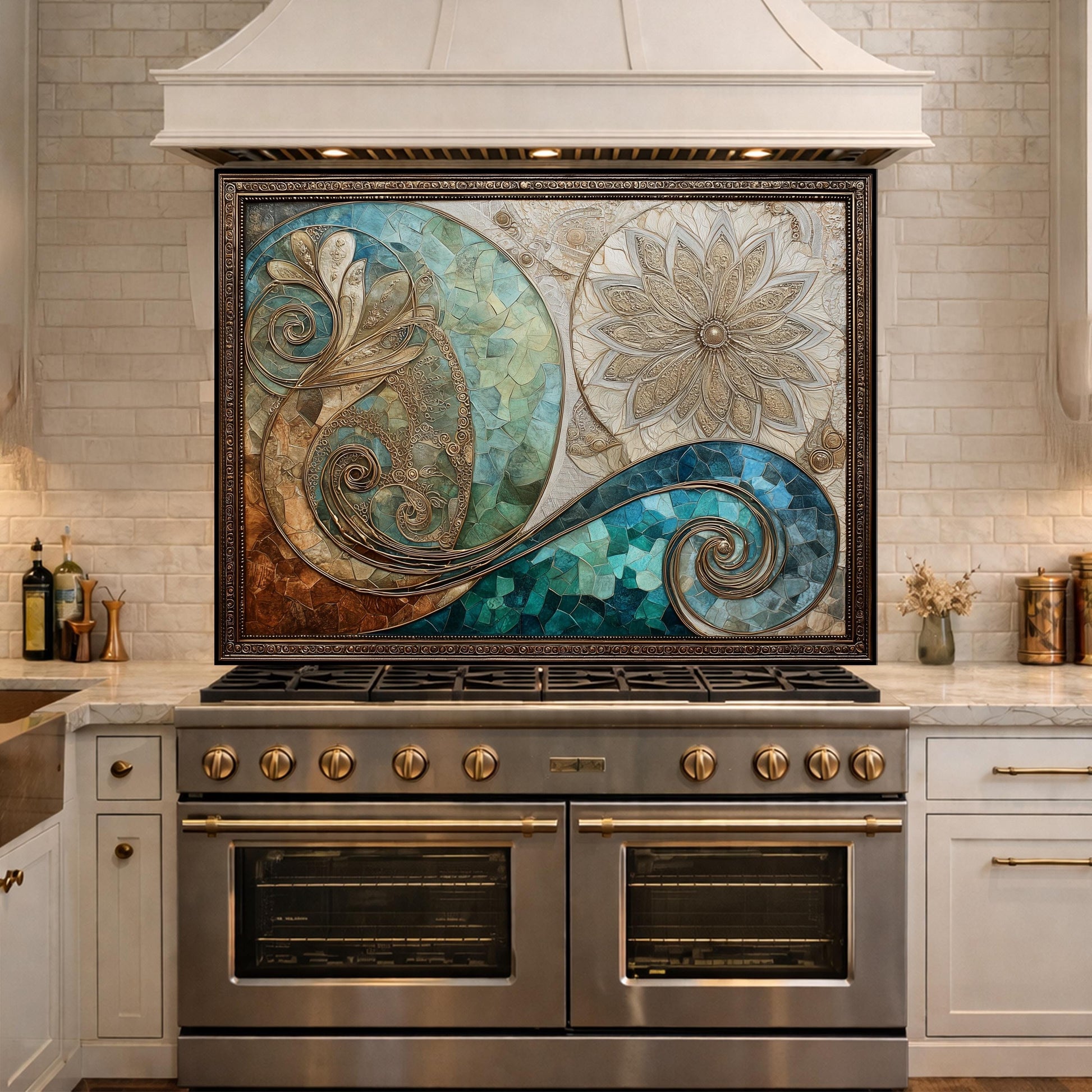 Abstract Floral Glass Kitchen Backsplash Panel, Blue Gold Mosaic Art, Tempered Glass Stove Guard