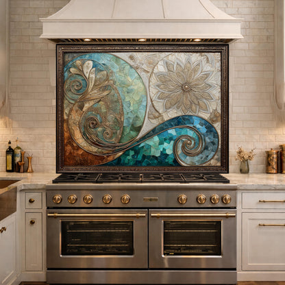 Abstract Floral Glass Kitchen Backsplash Panel, Blue Gold Mosaic Art, Tempered Glass Stove Guard