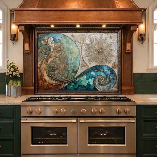 Abstract Floral Glass Kitchen Backsplash Panel, Blue Gold Mosaic Art, Tempered Glass Stove Guard