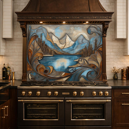 Mountain Lake Glass Kitchen Backsplash Panel, Blue Landscape Mosaic Art, Tempered Glass Stove Guard