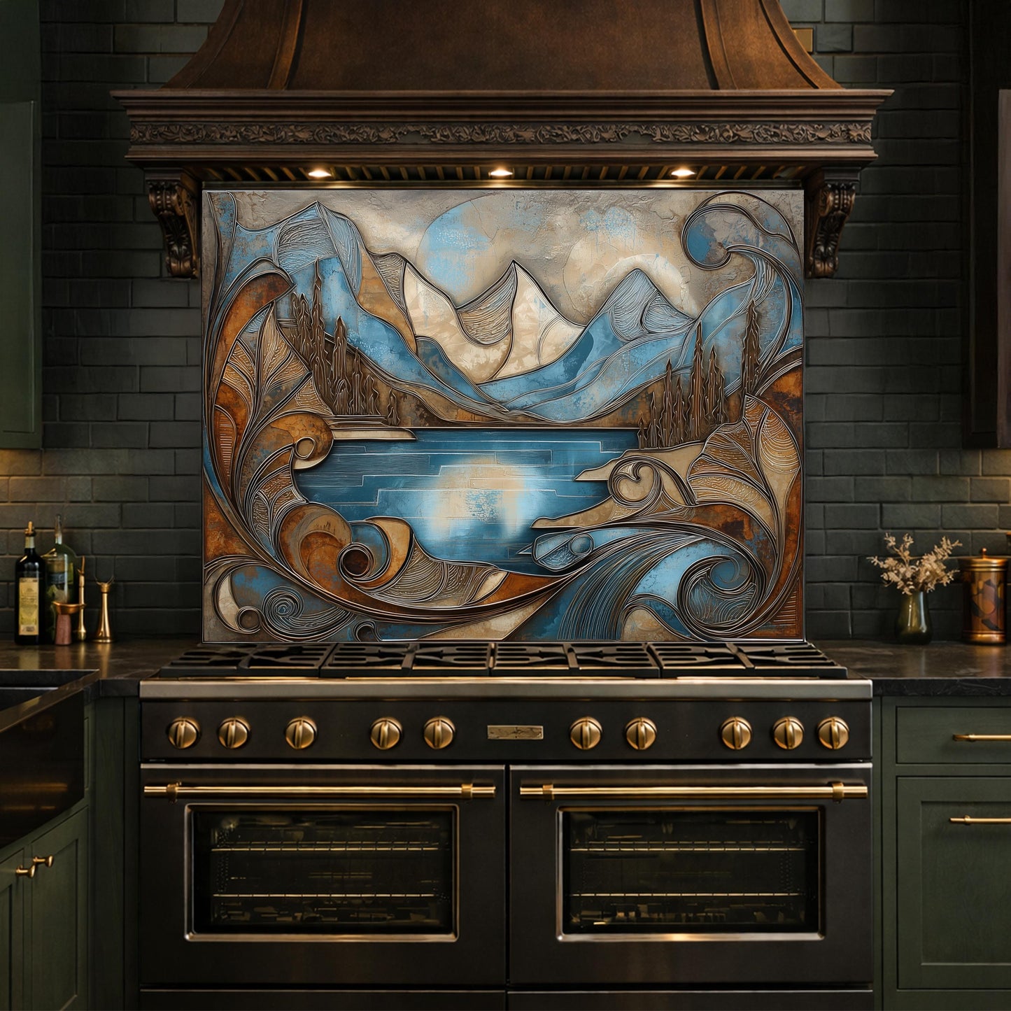 Mountain Lake Glass Kitchen Backsplash Panel, Blue Landscape Mosaic Art, Tempered Glass Stove Guard