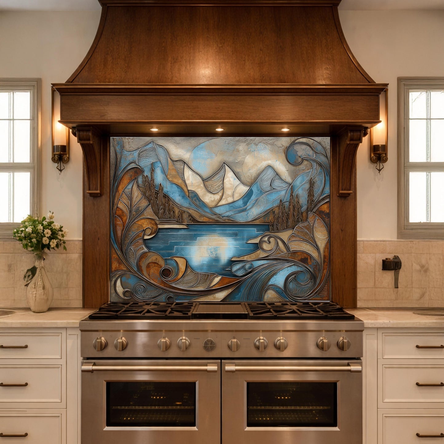 Mountain Lake Glass Kitchen Backsplash Panel, Blue Landscape Mosaic Art, Tempered Glass Stove Guard