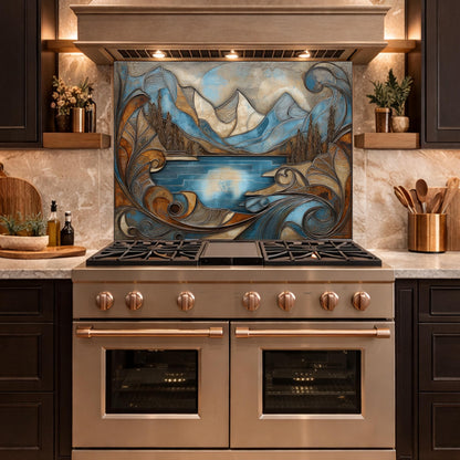 Mountain Lake Glass Kitchen Backsplash Panel, Blue Landscape Mosaic Art, Tempered Glass Stove Guard