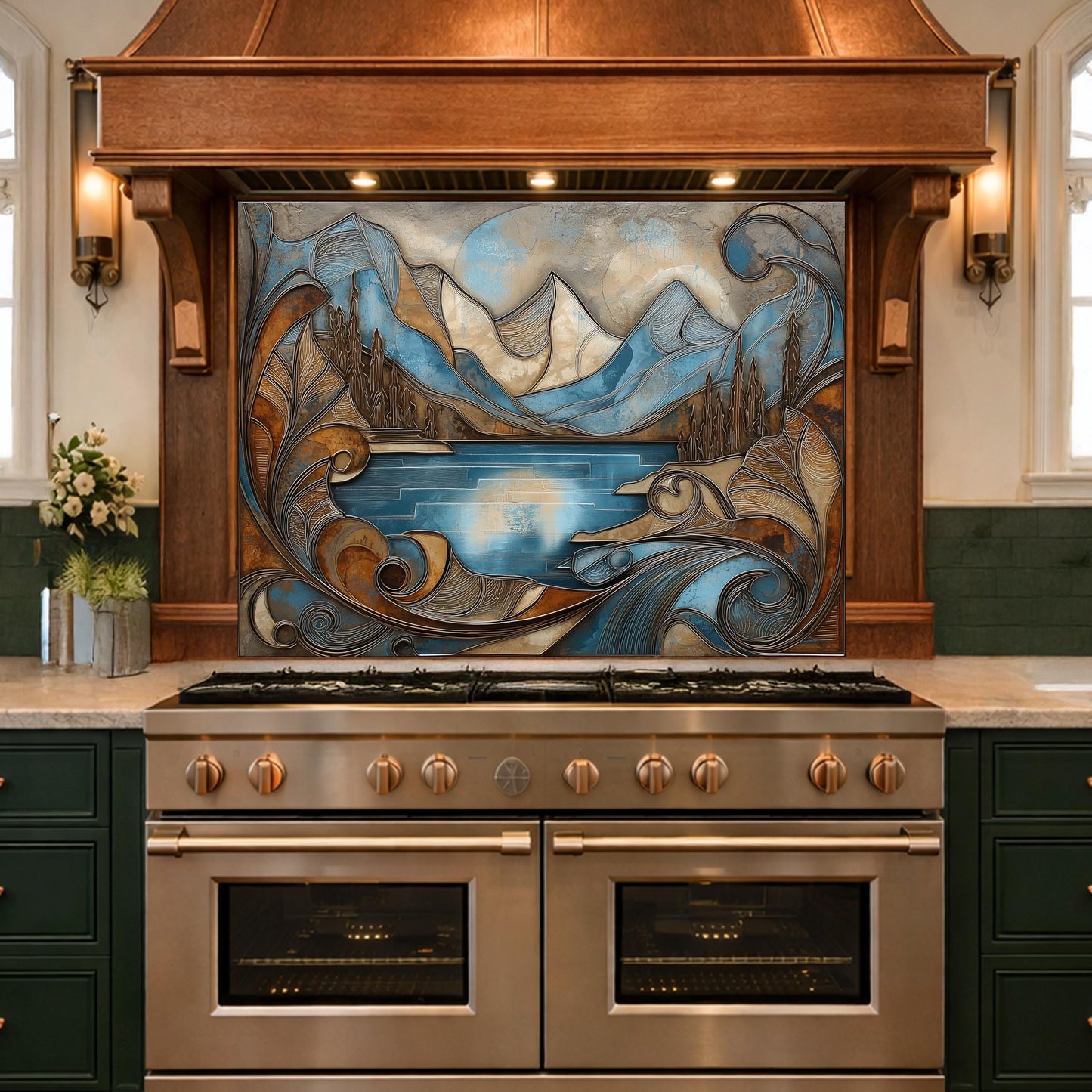Mountain Lake Glass Kitchen Backsplash Panel, Blue Landscape Mosaic Art, Tempered Glass Stove Guard