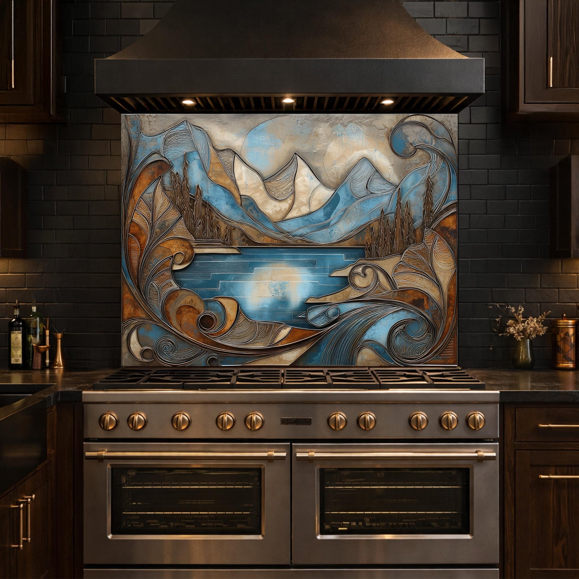 Mountain Lake Glass Kitchen Backsplash Panel, Blue Landscape Mosaic Art, Tempered Glass Stove Guard
