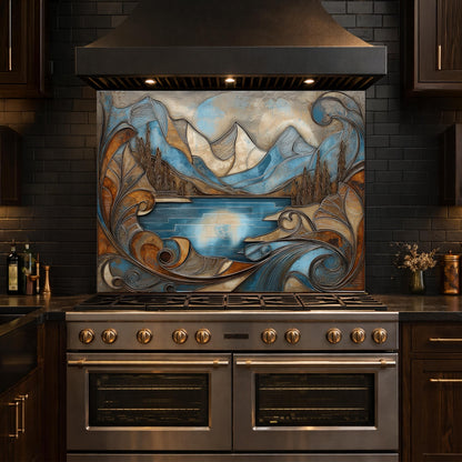 Mountain Lake Glass Kitchen Backsplash Panel, Blue Landscape Mosaic Art, Tempered Glass Stove Guard