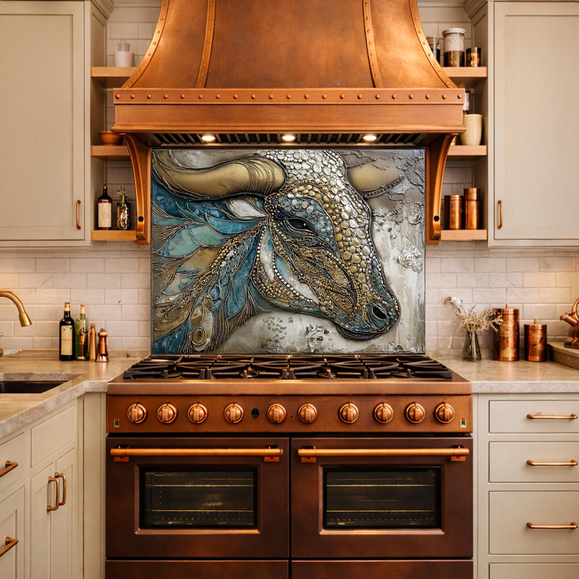 Bull Head Tempered Glass Backsplash, Blue Gold Mosaic Stove Guard