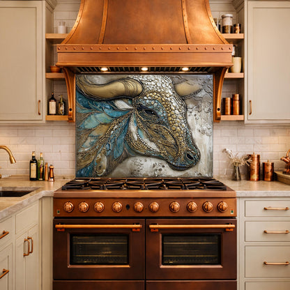 Bull Head Tempered Glass Backsplash, Blue Gold Mosaic Stove Guard