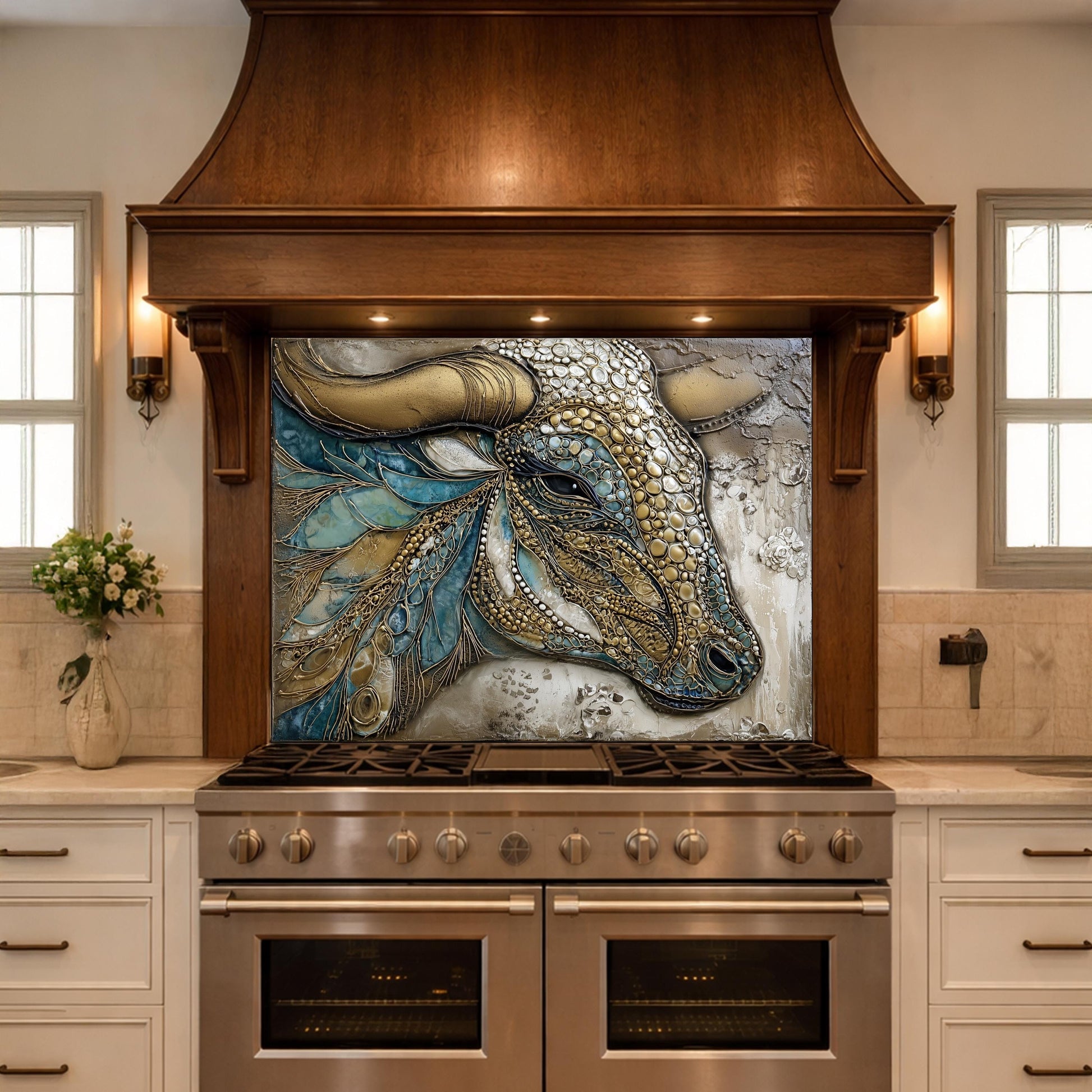Bull Head Tempered Glass Backsplash, Blue Gold Mosaic Stove Guard