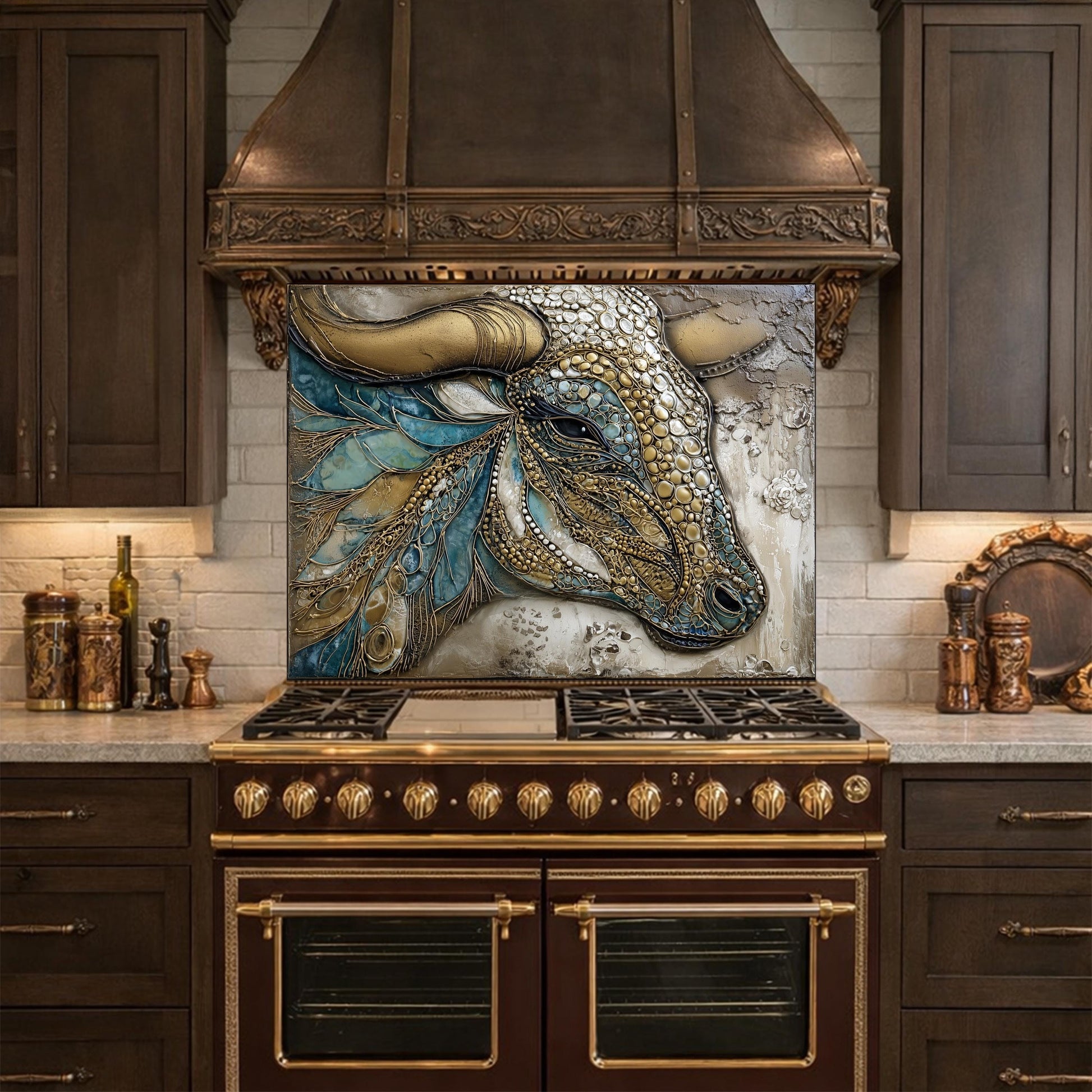Bull Head Tempered Glass Backsplash, Blue Gold Mosaic Stove Guard