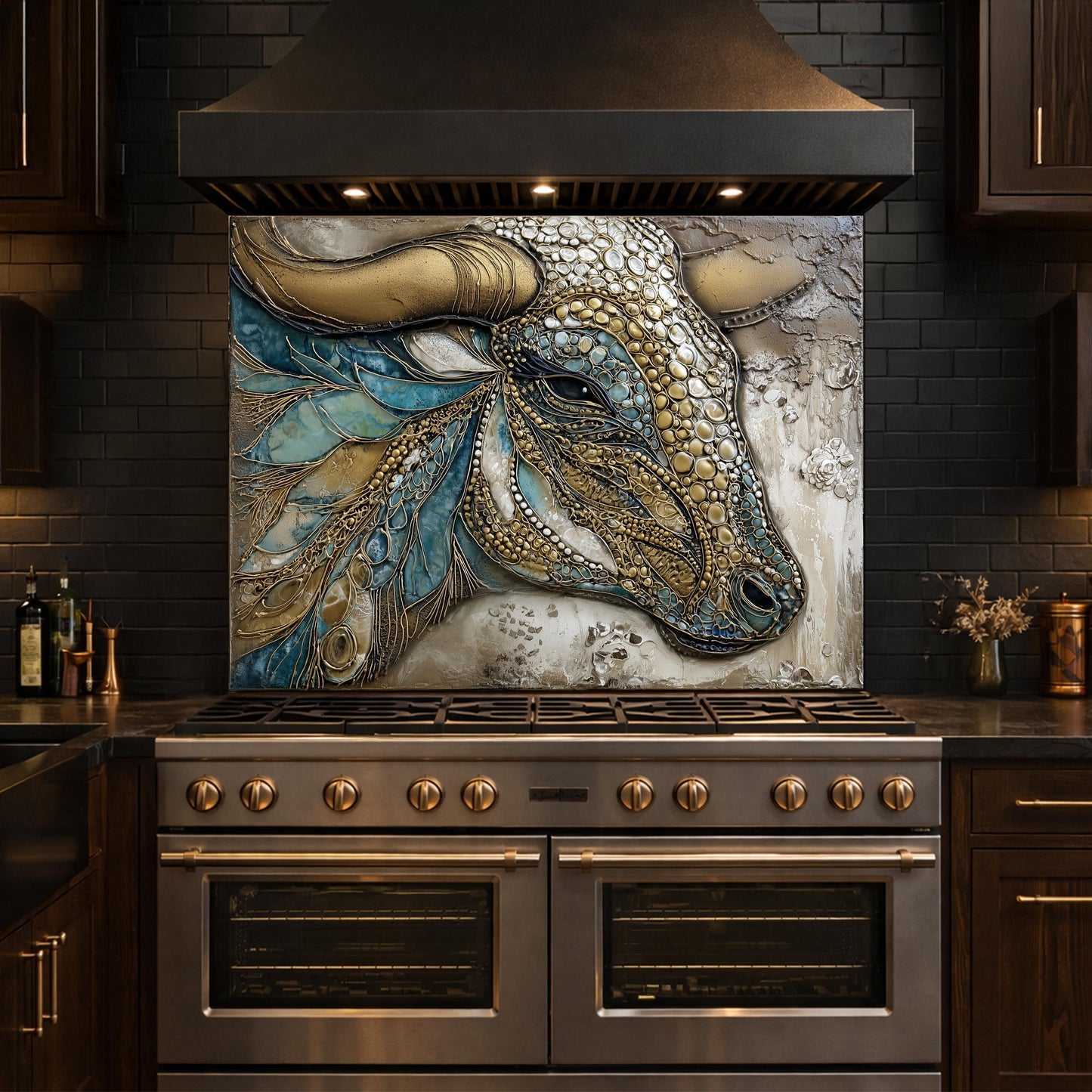 Bull Head Tempered Glass Backsplash, Blue Gold Mosaic Stove Guard