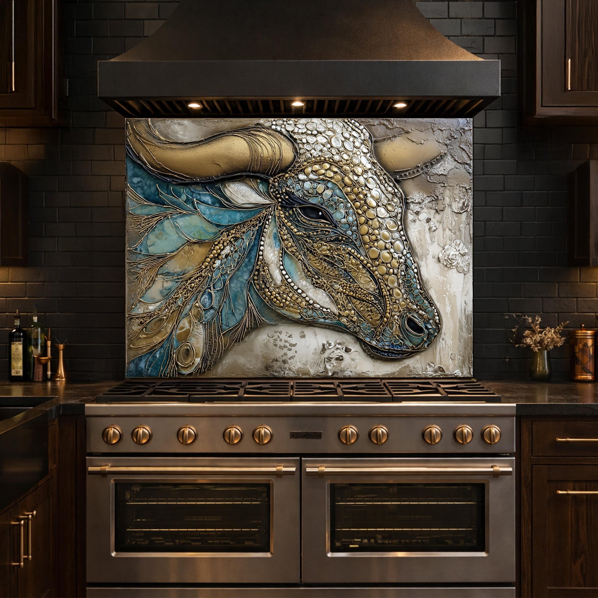 Bull Head Tempered Glass Backsplash, Blue Gold Mosaic Stove Guard