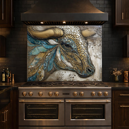 Bull Head Tempered Glass Backsplash, Blue Gold Mosaic Stove Guard