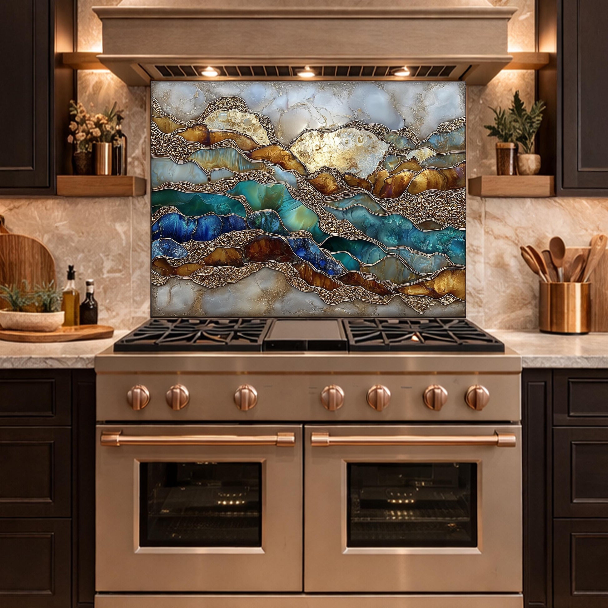 Abstract Marble Wave Glass Kitchen Backsplash Panel, Blue Gold Stone Art Decor