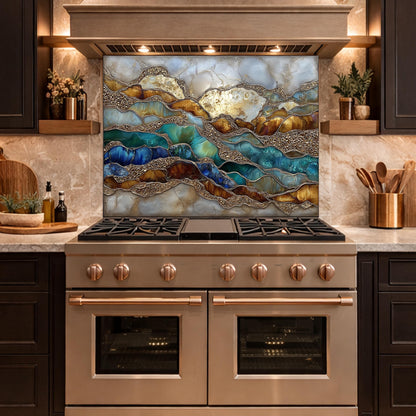 Abstract Marble Wave Glass Kitchen Backsplash Panel, Blue Gold Stone Art Decor