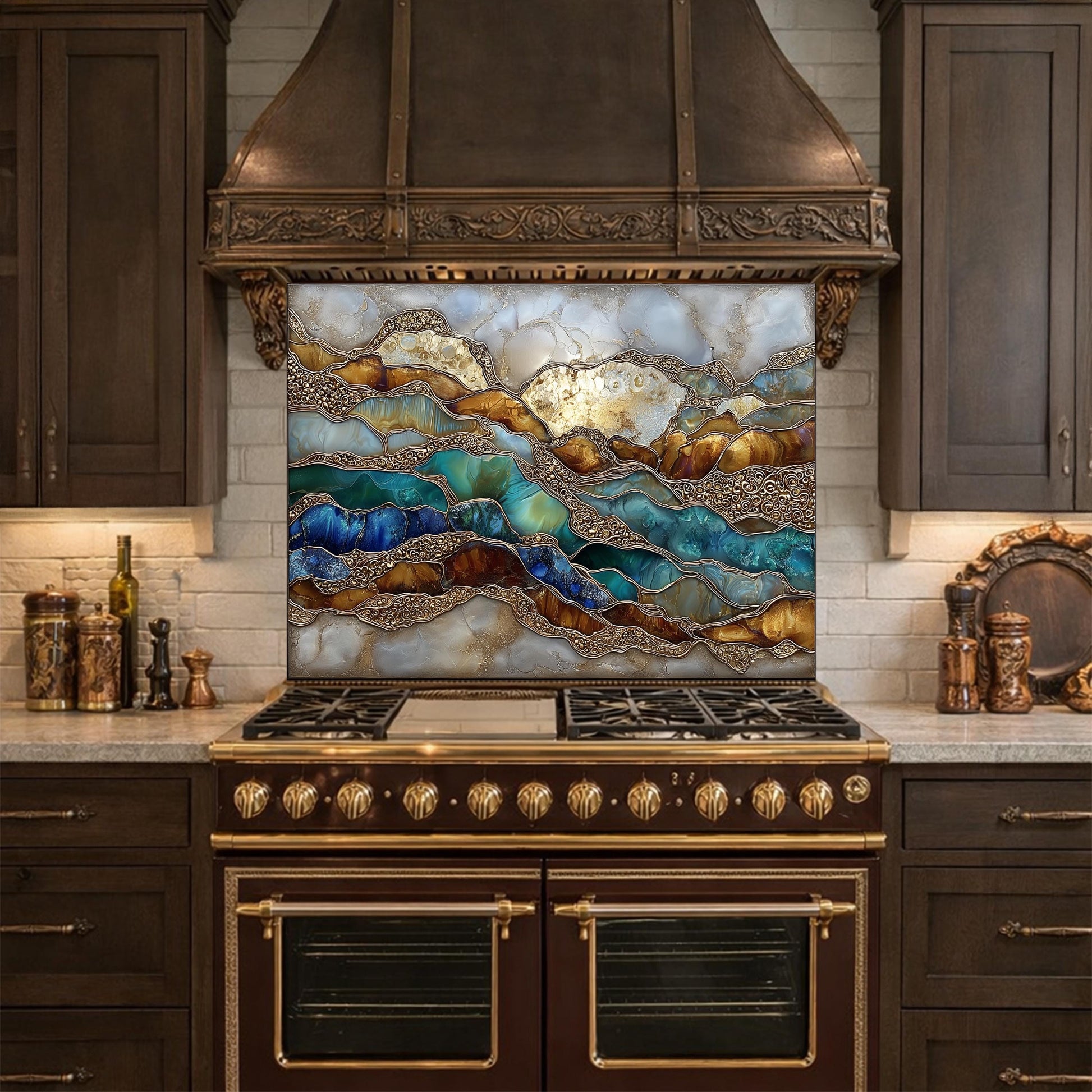 Abstract Marble Wave Glass Kitchen Backsplash Panel, Blue Gold Stone Art Decor